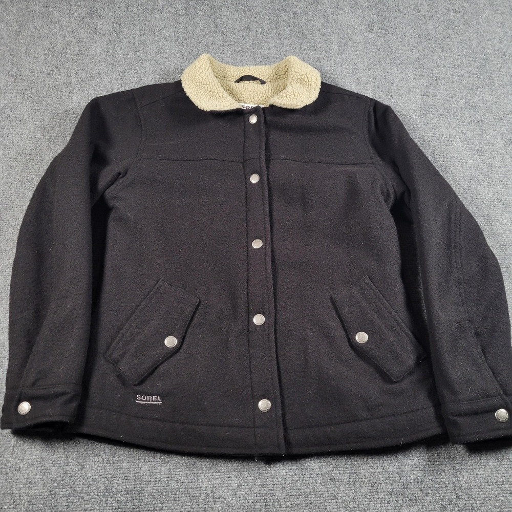 Sorel Jacket Womens Medium Black Wool Sherpa‎ Lined Snap Front Winter Coat